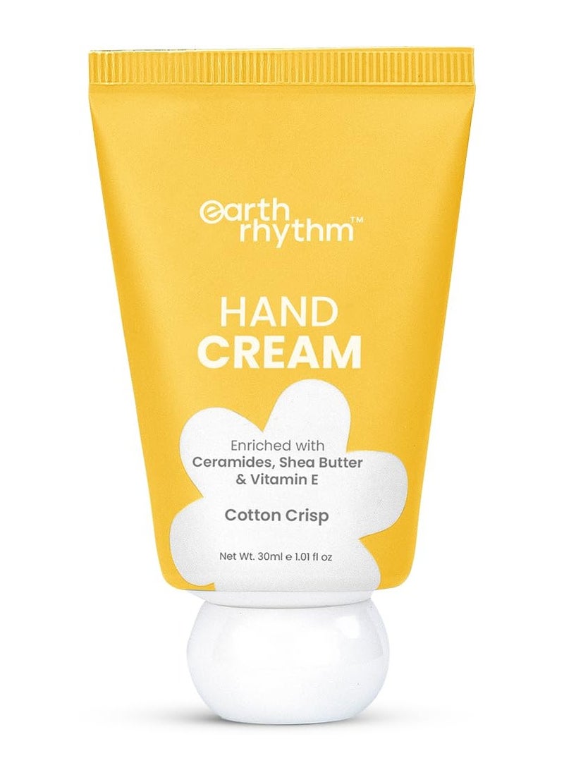 Earth Rhythm Earth Rhythm Hand Cream - Cotton Crisp for Dry & Rough Hands, Intense Moisturization Non Greasy, Fast Absorbing, Moisturizes, Enriched with Ceramides, Shea Butter, Cacao Seed Butter for Men & Women - 30ml  - Image 1
