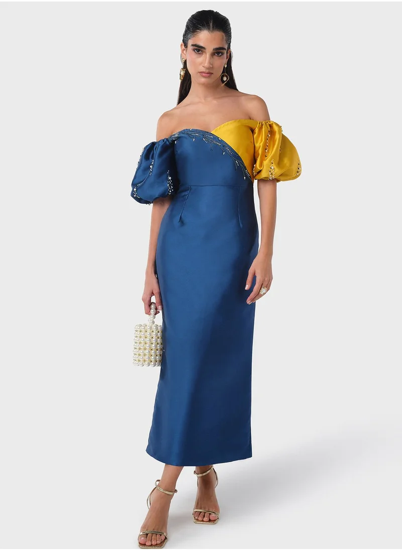 Threadz by Ajooni Off Shoulder Embellished Dress