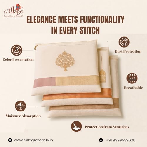 IVillage Reusable Cotton Saree Covers/Bags for Clothes Storage, Travelling, Wardrobe Organizer with Mesh window and Zip Closure (16 * 14 inches) - Pack of 3 | White - Image 4
