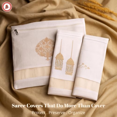 IVillage Reusable Cotton Saree Covers/Bags for Clothes Storage, Travelling, Wardrobe Organizer with Mesh window and Zip Closure (16 * 14 inches) - Pack of 3 | White - Image 2