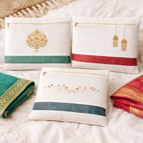 IVillage Reusable Cotton Saree Covers/Bags for Clothes Storage, Travelling, Wardrobe Organizer with Mesh window and Zip Closure (16 * 14 inches) - Pack of 3 | White - Image 1