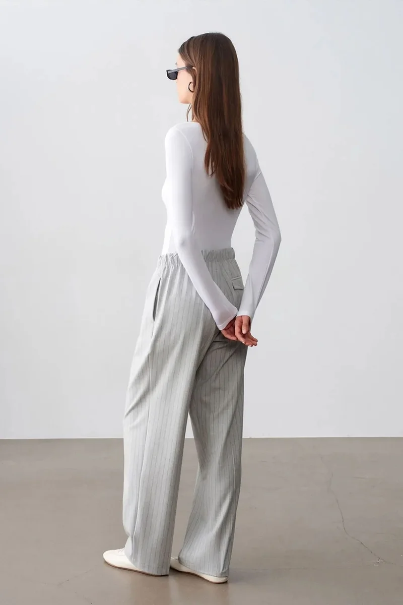 Dilvin Light Grey DILVIN Striped Wide-leg Palazzo Trousers for Women | Best Price UAE