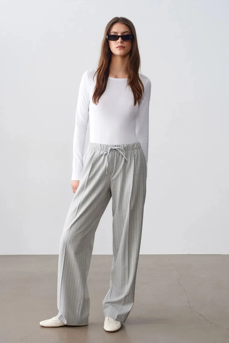 Dilvin Light Grey DILVIN Striped Wide-leg Palazzo Trousers for Women | Best Price UAE