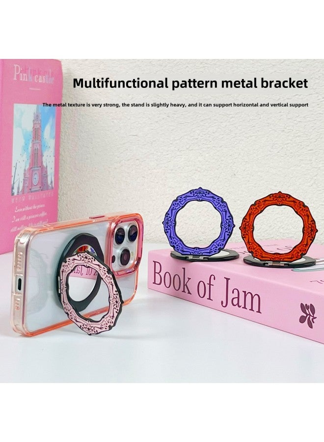 Mobile Phone Case Stand Multifunctional Oval Lace Metal Lazy Stand Makeup Mirror Back Sticker Folding Stand-Colour:Pink  - Image 2