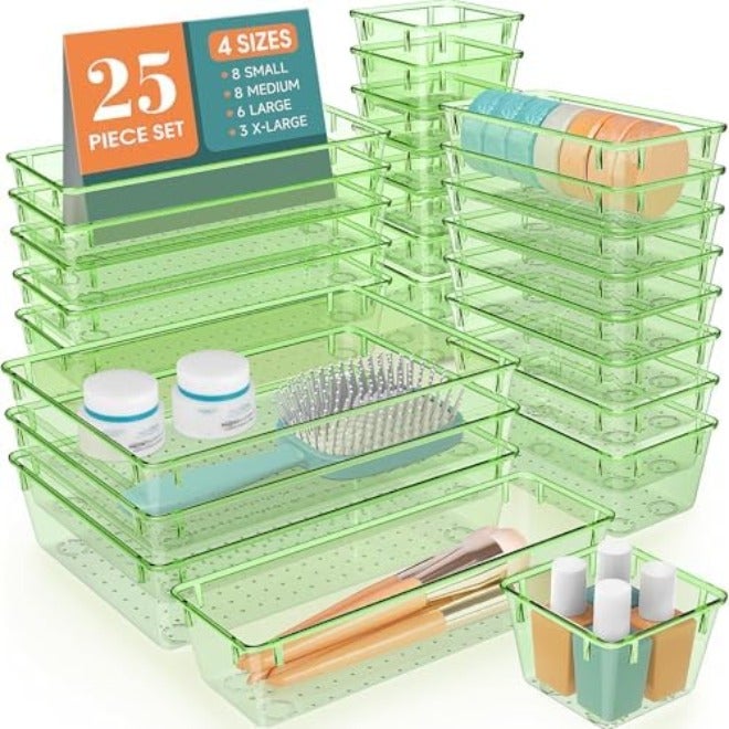 WOWBOX 25 PCS Clear Plastic Drawer Organizer Set, 4 Sizes Desk Drawer Divider Organizers and Storage Bins for Makeup, Jewelry, Gadgets for Kitchen, Bedroom, Bathroom, Office