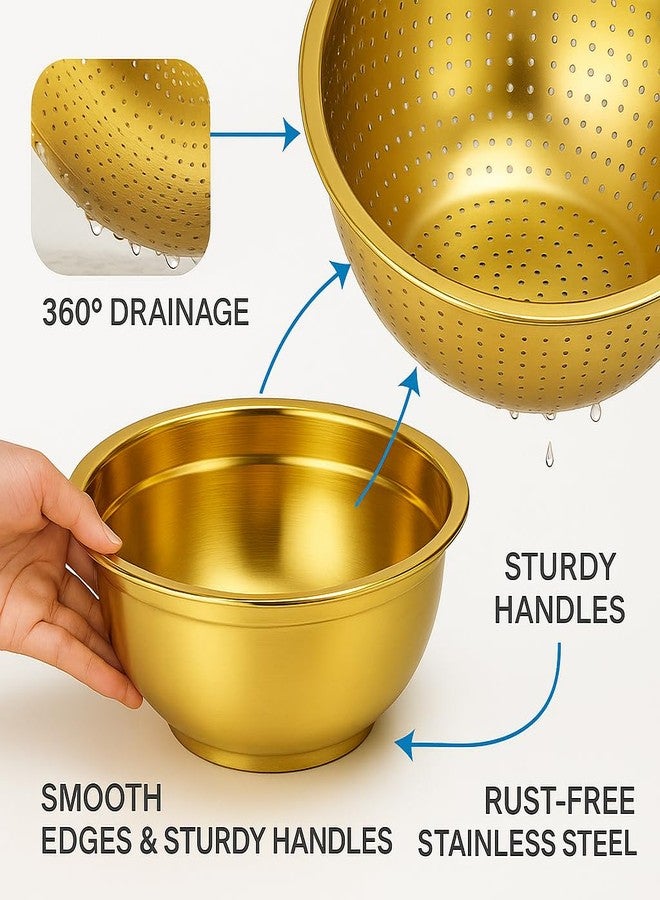Alark Golden Stainless Steel Microporous Colander with Handle & Mixing Bowl | Fine Mesh Rice Washer & Kitchen Strainer for Rice, Pasta, Vegetables, Fruits | Heavy Duty, Rustproof, Dishwasher Safe - Image 3