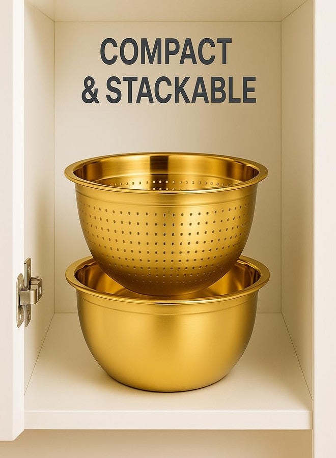 Alark Golden Stainless Steel Microporous Colander with Handle & Mixing Bowl | Fine Mesh Rice Washer & Kitchen Strainer for Rice, Pasta, Vegetables, Fruits | Heavy Duty, Rustproof, Dishwasher Safe - Image 2