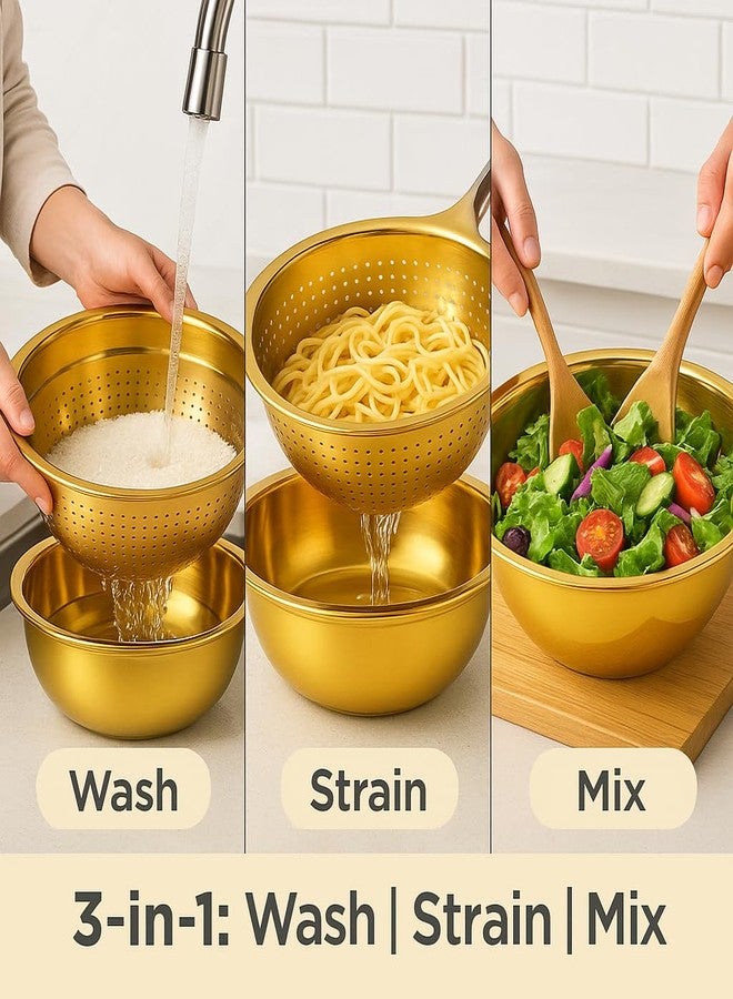 Alark Golden Stainless Steel Microporous Colander with Handle & Mixing Bowl | Fine Mesh Rice Washer & Kitchen Strainer for Rice, Pasta, Vegetables, Fruits | Heavy Duty, Rustproof, Dishwasher Safe - Image 4