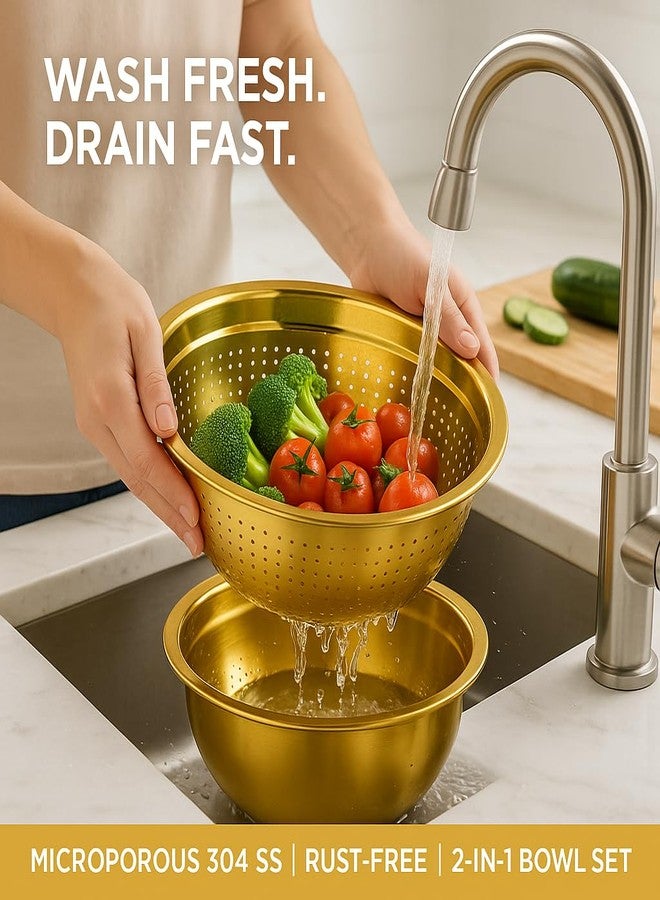 Alark Golden Stainless Steel Microporous Colander with Handle & Mixing Bowl | Fine Mesh Rice Washer & Kitchen Strainer for Rice, Pasta, Vegetables, Fruits | Heavy Duty, Rustproof, Dishwasher Safe - Image 5