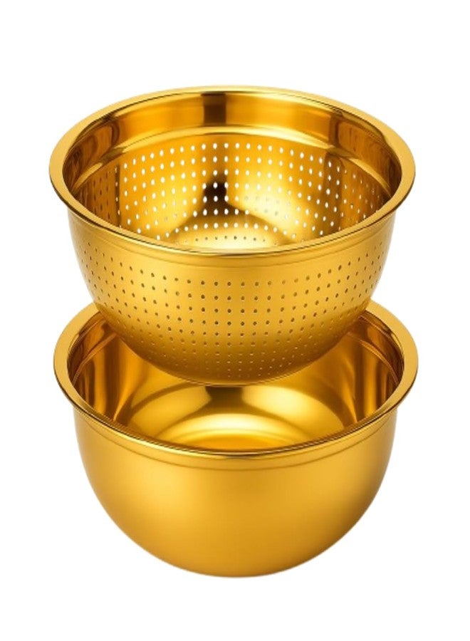 Alark Golden Stainless Steel Microporous Colander with Handle & Mixing Bowl | Fine Mesh Rice Washer & Kitchen Strainer for Rice, Pasta, Vegetables, Fruits | Heavy Duty, Rustproof, Dishwasher Safe - Image 1