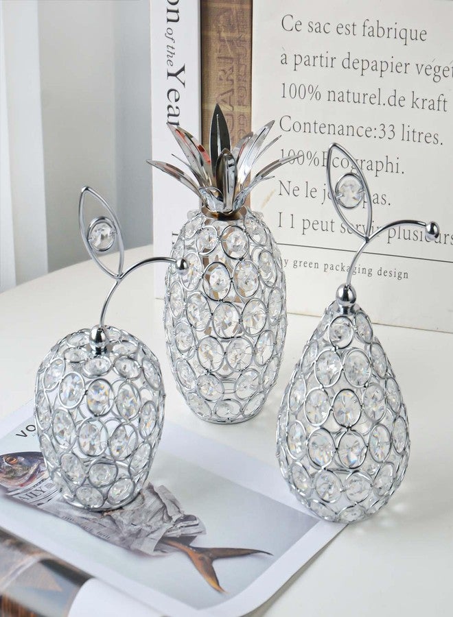 Kehail Set of 3 Crystal Metal Pineapple Pear Table Centerpiece Handmade Crystal Candlestick Hollow Fruit Ornament Home Party Wedding Holiday Bar Decoration (Silver, Set of 3) - Image 3
