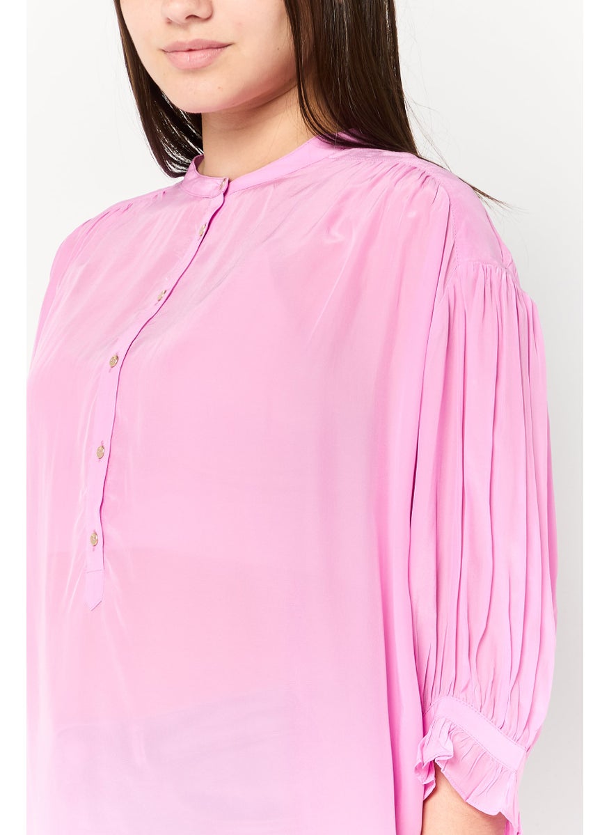 Scotch & Soda Women Band Collar 3/4 Sleeves Plain Top, Pink  - Image 3