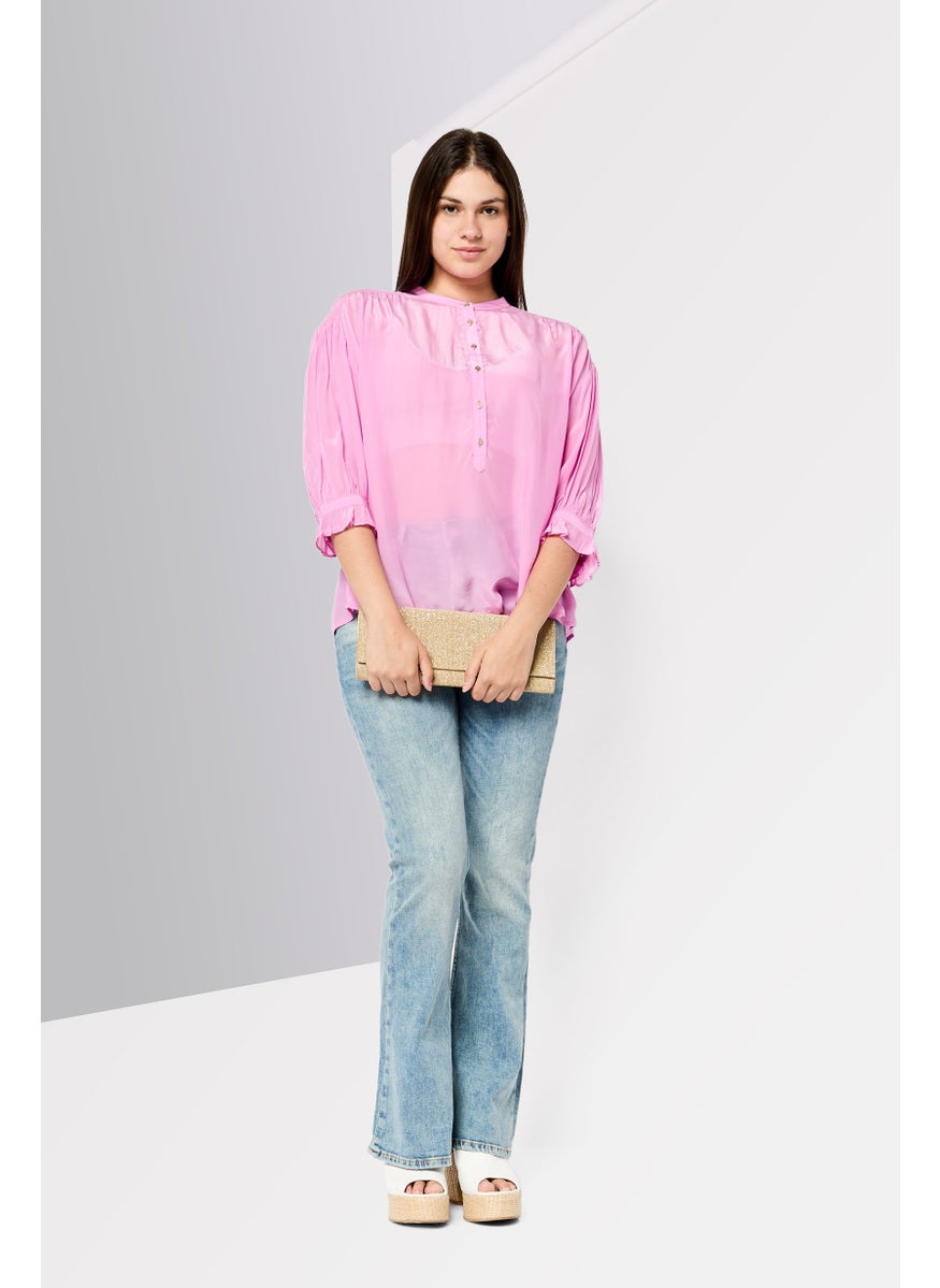 Scotch & Soda Women Band Collar 3/4 Sleeves Plain Top, Pink  - Image 2