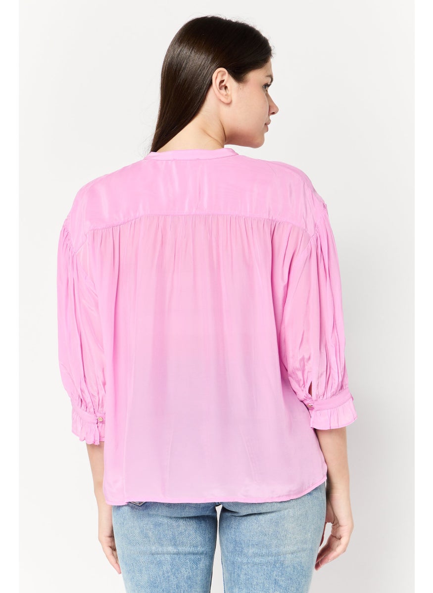 Scotch & Soda Women Band Collar 3/4 Sleeves Plain Top, Pink  - Image 4