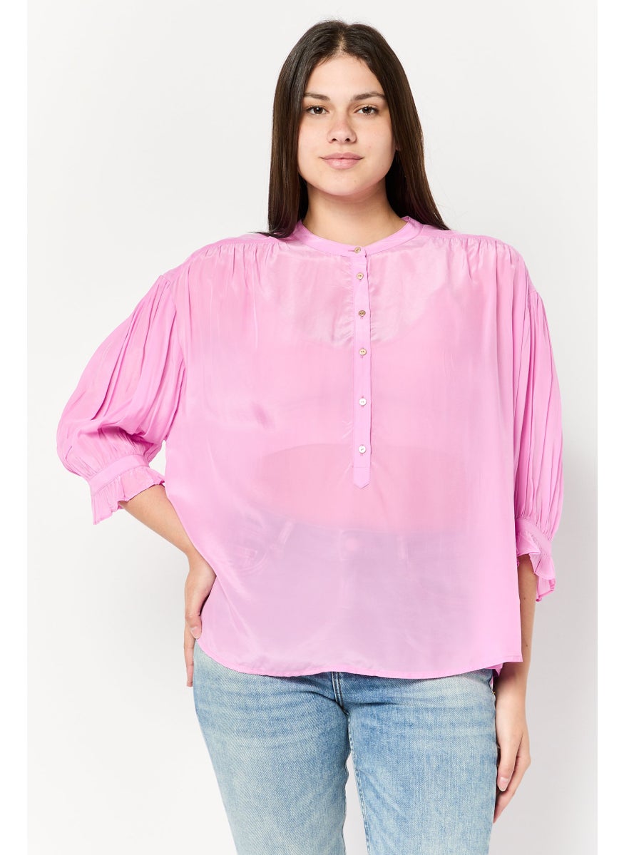 Scotch & Soda Women Band Collar 3/4 Sleeves Plain Top, Pink  - Image 1