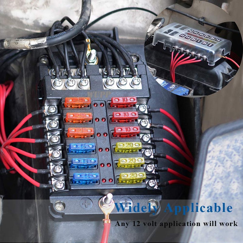WUPP Boat Marine Fuse Block Panel with LED Warning Indicator Damp-Proof Cover - 12 Circuits with Negative Bus Fuse Box Holder Screw for Car Marine RV Truck DC 12-24V, Fuses Included - Image 2