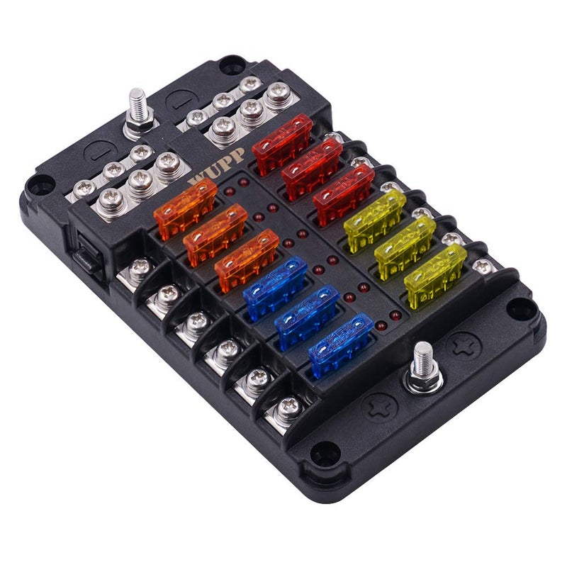 WUPP Boat Marine Fuse Block Panel with LED Warning Indicator Damp-Proof Cover - 12 Circuits with Negative Bus Fuse Box Holder Screw for Car Marine RV Truck DC 12-24V, Fuses Included - Image 1