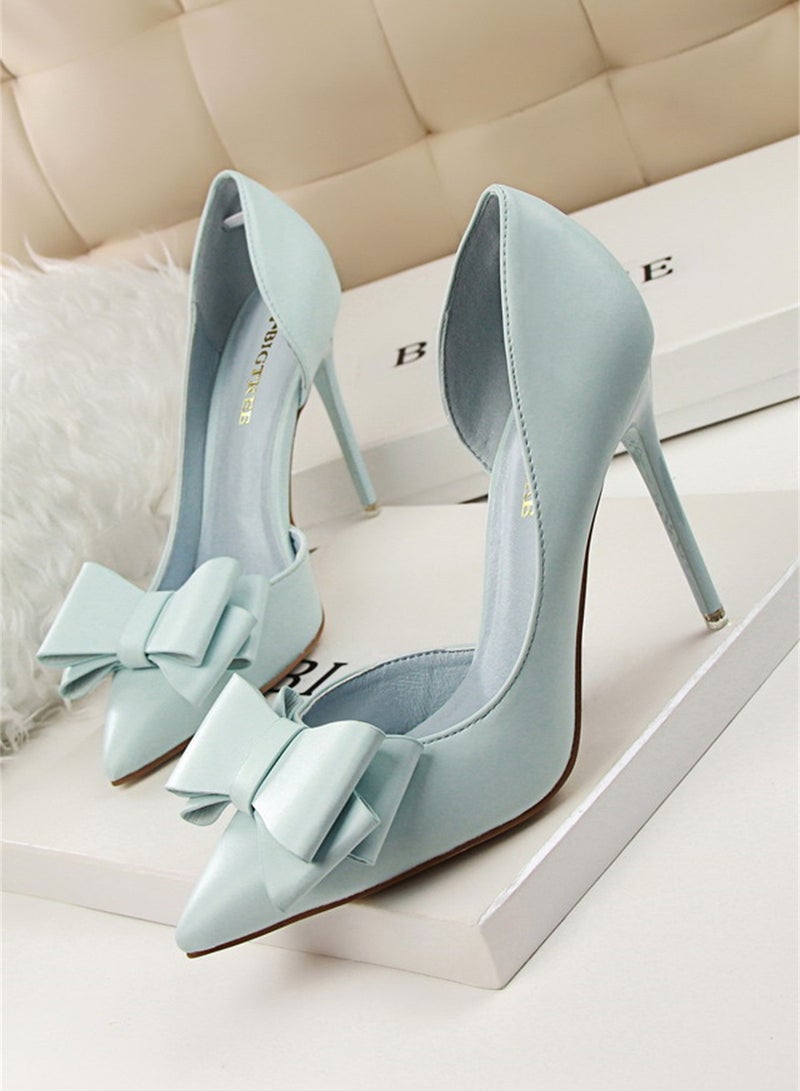 BIGTREE 10.5cm Fashion Bow High Heels Shallow Mouth Pointed Side Hollowed Out Single Shoes Blue - Image 1