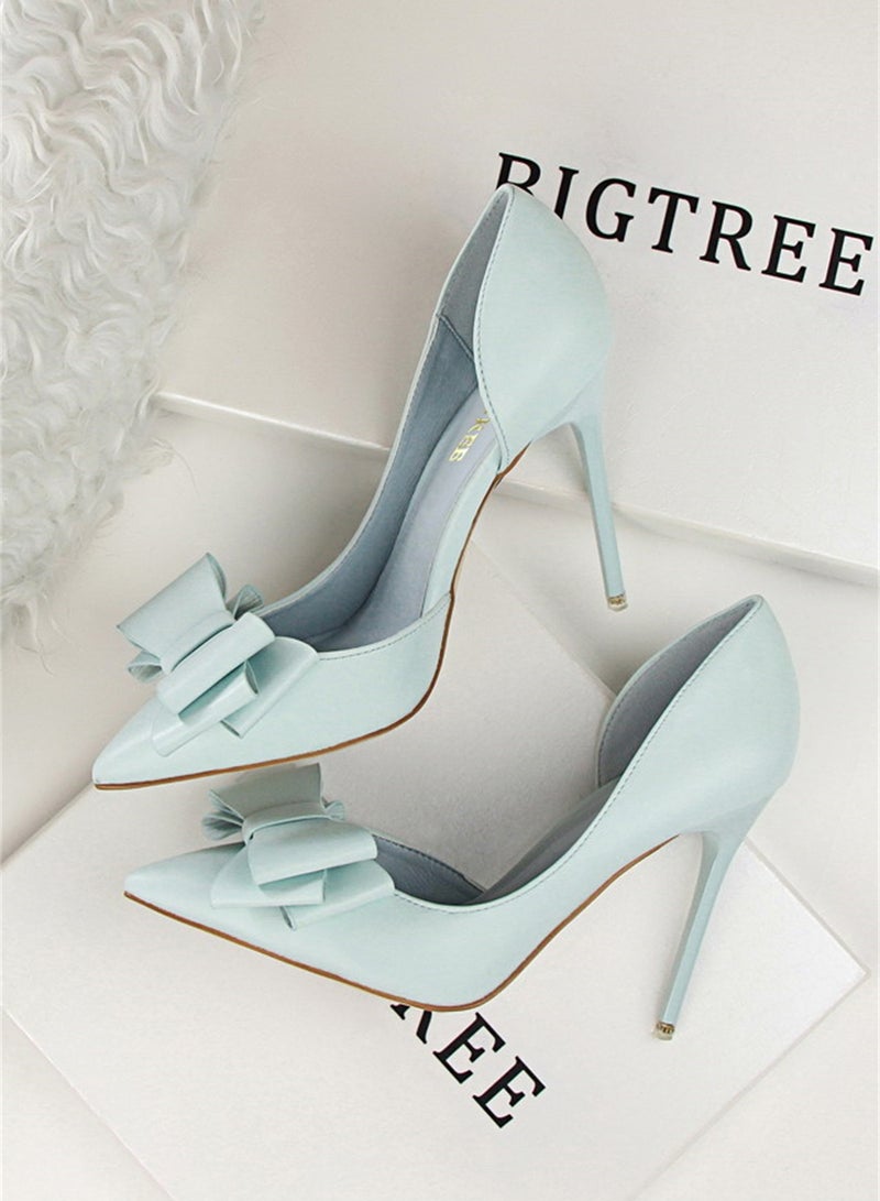 BIGTREE 10.5cm Fashion Bow High Heels Shallow Mouth Pointed Side Hollowed Out Single Shoes Blue - Image 2
