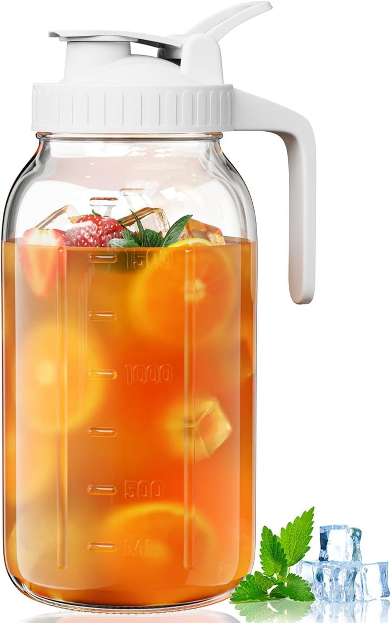 VA1KENE 64oz Glass Pitcher, 2 Quart Mason Jar Pitcher with Lid and Spout | Wide Mouth | Airtight | Leakproof | Glass Water Jug for Juice, Sun Iced Tea, Cold Brew Coffee, Milk Storage, White - Image 1