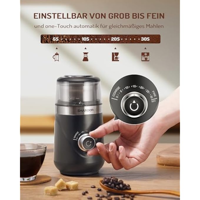 شاردور مطحنة القهوة الكهربائية ذات الوقت القابل للتعديل بسلاسل التوابل للقهوة، شفرات من الفولاذ المقاوم للصدأ لطحن العائلة بالتساوي خالية من BPA 80 جرام - Image 2