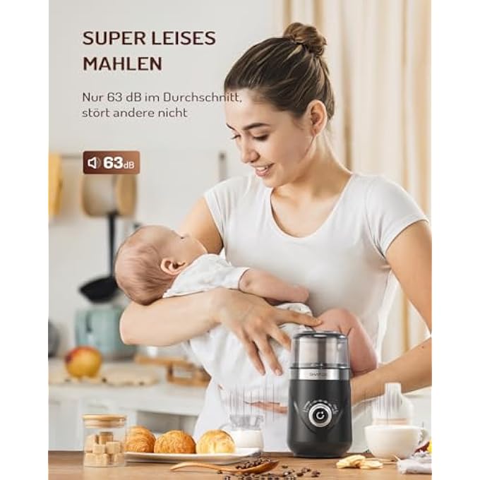 شاردور مطحنة القهوة الكهربائية ذات الوقت القابل للتعديل بسلاسل التوابل للقهوة، شفرات من الفولاذ المقاوم للصدأ لطحن العائلة بالتساوي خالية من BPA 80 جرام - Image 3