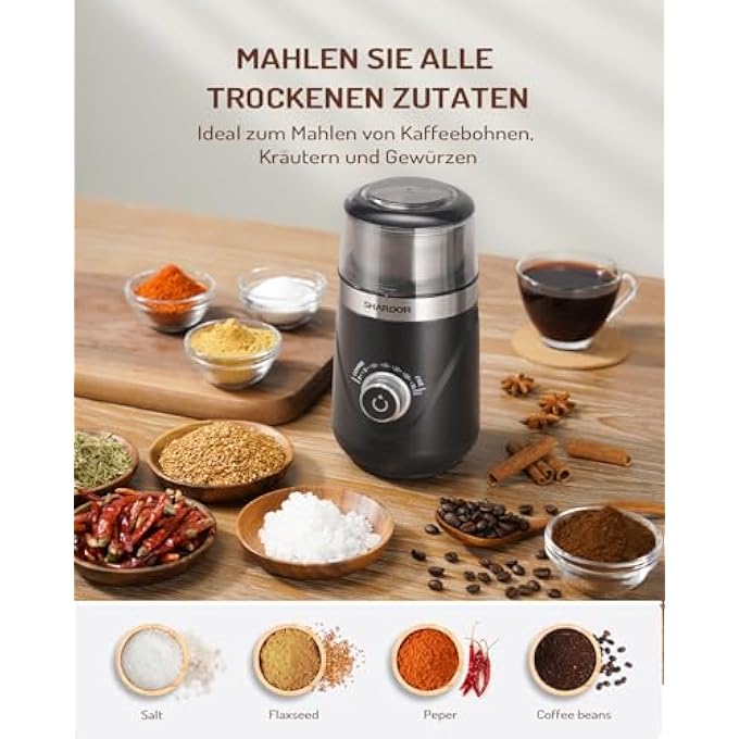 شاردور مطحنة القهوة الكهربائية ذات الوقت القابل للتعديل بسلاسل التوابل للقهوة، شفرات من الفولاذ المقاوم للصدأ لطحن العائلة بالتساوي خالية من BPA 80 جرام - Image 4