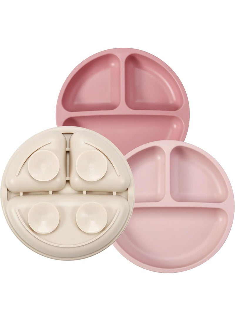 3 Pack Toddler Plates, Silicone Divided Suction Plate for Babies, BPA-Free 100% Food-Grade Silicone Unbreakable Baby Plate (Pink/Linen/Light Pink) - Image 1