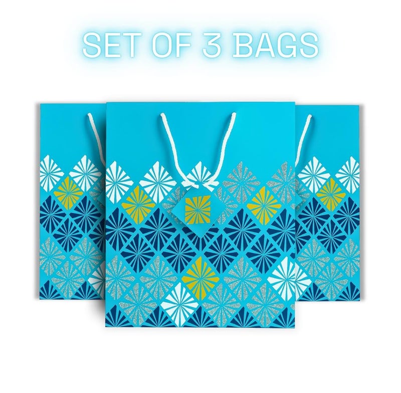 Tresneria Gift Bags with Geometric Pattern, Blue with Glitter, Rope Handle, for Parties and Celebrations (Medium -Blue-glitter, Set of 3) - Image 2