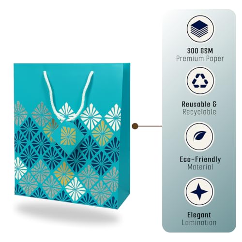 Tresneria Gift Bags with Geometric Pattern, Blue with Glitter, Rope Handle, for Parties and Celebrations (Medium -Blue-glitter, Set of 3) - Image 4