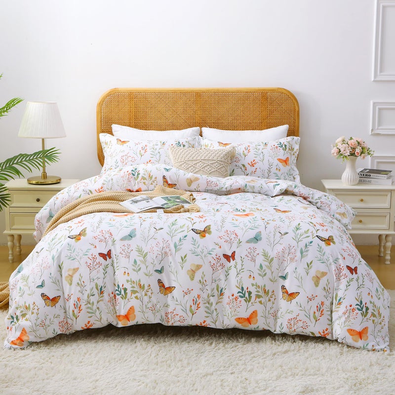 Mooreeke Floral Duvet Cover Queen Size, 3 Piece Butterfly and Botanical Patterned Duvet Cover Set with Zipper Closure, Soft & Breathable Microfiber Bedding Set with 4 Corner Ties and 2 Pillow Shams - Image 1