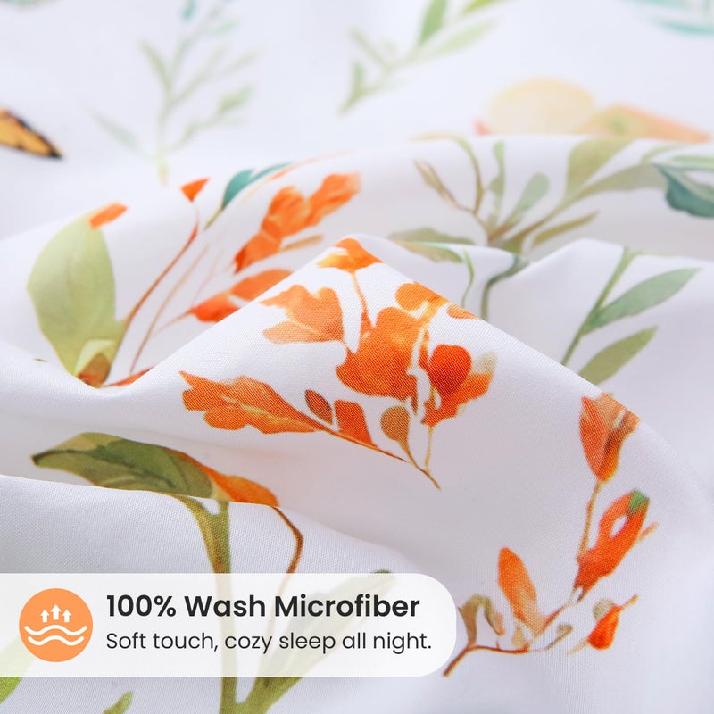Mooreeke Floral Duvet Cover Queen Size, 3 Piece Butterfly and Botanical Patterned Duvet Cover Set with Zipper Closure, Soft & Breathable Microfiber Bedding Set with 4 Corner Ties and 2 Pillow Shams - Image 4