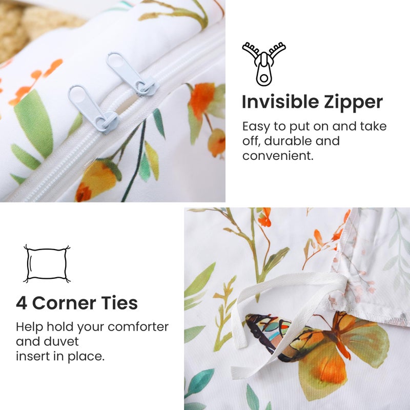 Mooreeke Floral Duvet Cover Queen Size, 3 Piece Butterfly and Botanical Patterned Duvet Cover Set with Zipper Closure, Soft & Breathable Microfiber Bedding Set with 4 Corner Ties and 2 Pillow Shams - Image 3