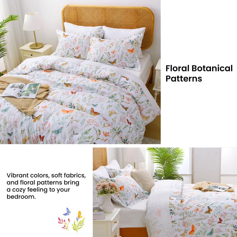 Mooreeke Floral Duvet Cover Queen Size, 3 Piece Butterfly and Botanical Patterned Duvet Cover Set with Zipper Closure, Soft & Breathable Microfiber Bedding Set with 4 Corner Ties and 2 Pillow Shams - Image 5