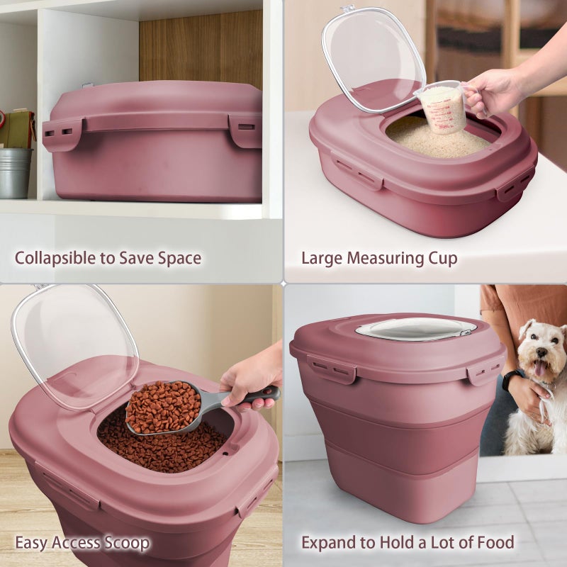 Komzon Rice Storage Bin Cereal Containers, 13-50lb Collapsible Rice Container Dispenser with Transparent Lid, Rolling Wheels, Measuring Cup and Scoop, Airtight Dog Cat Pet Food Storage Container Pink - Image 2