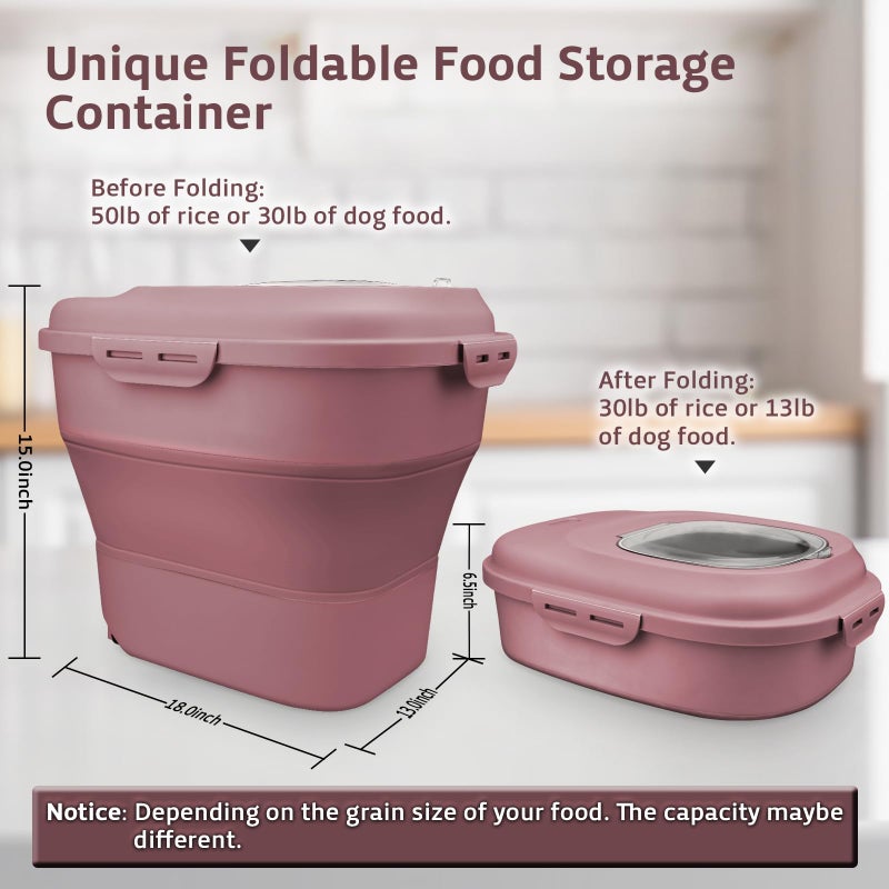 Komzon Rice Storage Bin Cereal Containers, 13-50lb Collapsible Rice Container Dispenser with Transparent Lid, Rolling Wheels, Measuring Cup and Scoop, Airtight Dog Cat Pet Food Storage Container Pink - Image 5