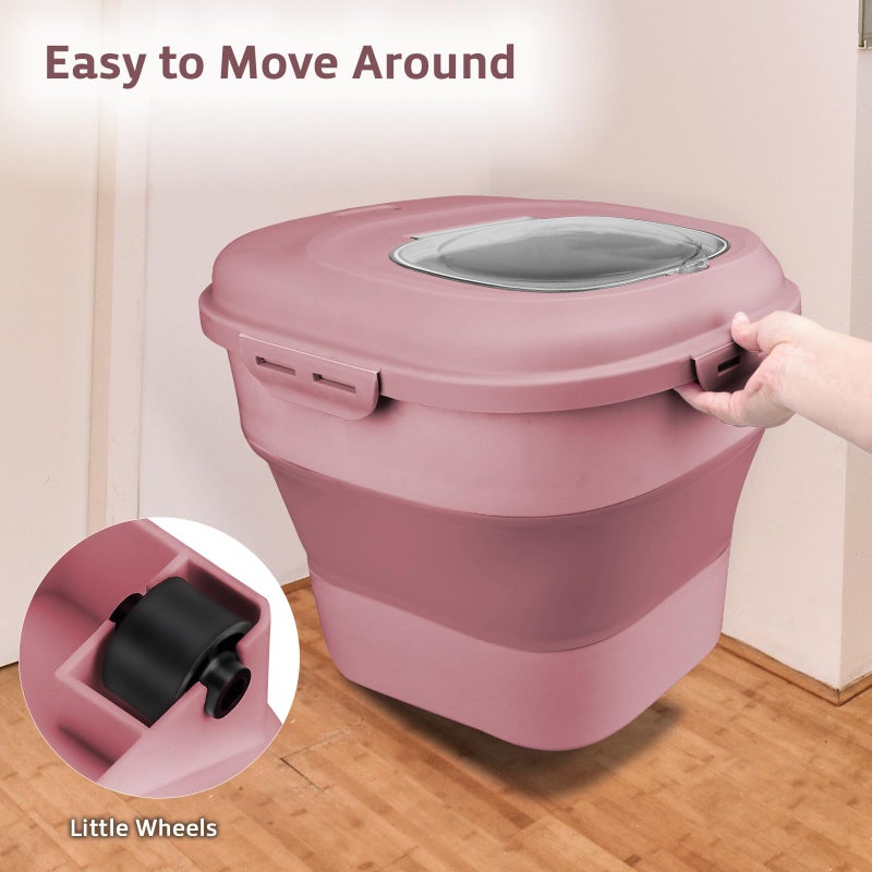 Komzon Rice Storage Bin Cereal Containers, 13-50lb Collapsible Rice Container Dispenser with Transparent Lid, Rolling Wheels, Measuring Cup and Scoop, Airtight Dog Cat Pet Food Storage Container Pink - Image 3