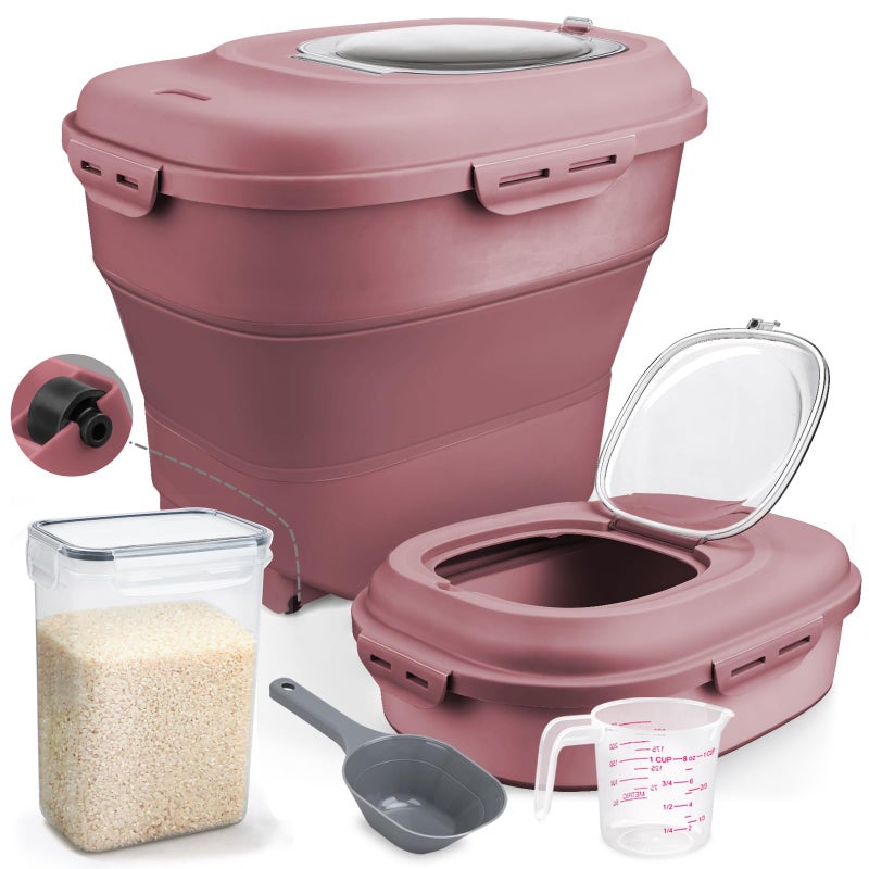 Komzon Rice Storage Bin Cereal Containers, 13-50lb Collapsible Rice Container Dispenser with Transparent Lid, Rolling Wheels, Measuring Cup and Scoop, Airtight Dog Cat Pet Food Storage Container Pink - Image 1