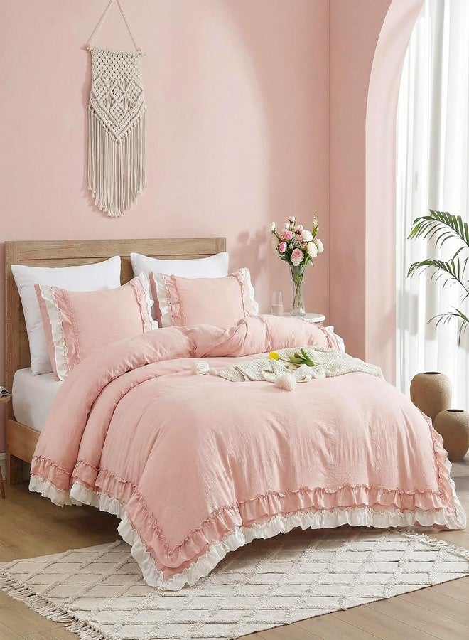Bedorm Pink Ruffled Comforter Queen Coquette Bedding Set White and Pink Ruffle Fringe Romantic Bedroom Decor Shabby Chic Farmhouse Country Comforter Set - Image 5