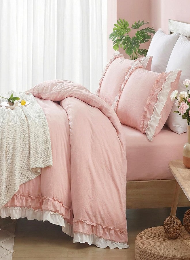 Bedorm Pink Ruffled Comforter Queen Coquette Bedding Set White and Pink Ruffle Fringe Romantic Bedroom Decor Shabby Chic Farmhouse Country Comforter Set - Image 4