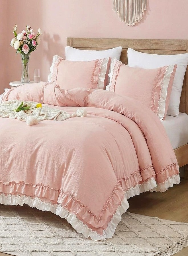 Bedorm Pink Ruffled Comforter Queen Coquette Bedding Set White and Pink Ruffle Fringe Romantic Bedroom Decor Shabby Chic Farmhouse Country Comforter Set - Image 1