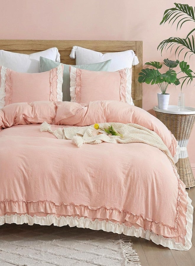 Bedorm Pink Ruffled Comforter Queen Coquette Bedding Set White and Pink Ruffle Fringe Romantic Bedroom Decor Shabby Chic Farmhouse Country Comforter Set - Image 2