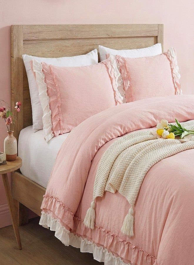 Bedorm Pink Ruffled Comforter Queen Coquette Bedding Set White and Pink Ruffle Fringe Romantic Bedroom Decor Shabby Chic Farmhouse Country Comforter Set - Image 3