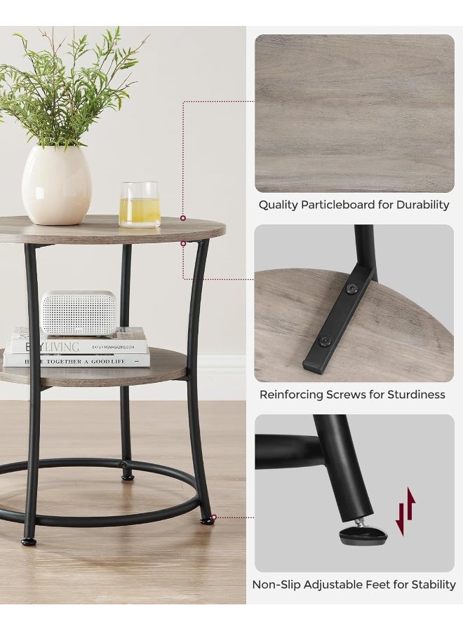 VASAGLE طاولة جانبية VASAGLE، طاولة نهاية مع 2 رفوف، طاولة صغيرة مستديرة لغرفة المعيشة، غرفة النوم، تجميع سهل، إطار فولاذي، صناعي، رمادي هيذر وأسود حبر - Image 5