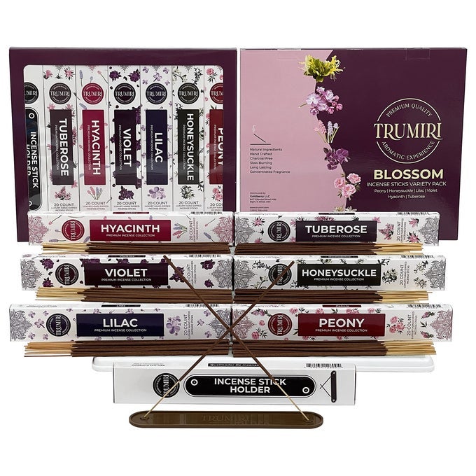 BLOSSOM INCENSE STICKS VARIETY PACK 120 INSENCESTICKS 6 INCENTS X 20 INSENSE PEONY HONEYSUCKLE LILAC VIOLET HYACINTH TUBEROSE NATURAL INSCENTSSTICKS NON TOXIC INCIENSO STICK INCENSE HOLDER
