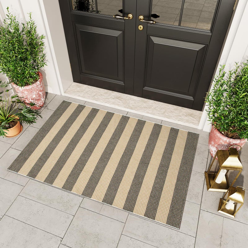 OJIA Tan Washable Outdoor Rug 3'x5', Front Door Mat Outside Entrance Cotton Woven Layered Doormat Indoor Outdoor Rugs Striped Entryway Rugs Small Outdoor Door Mats for Porch Patio Kitchen Entry - Image 1