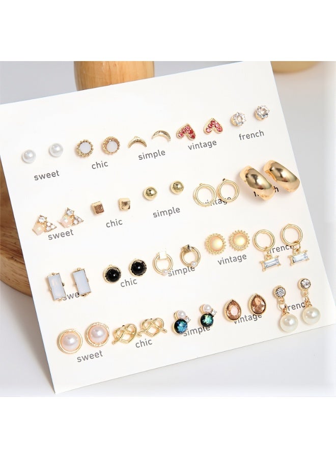 20 Pairs Stud Earrings Set for Women and Girls Gold Tone Pearl, Crystal, Hoop, Heart, Geometric, Vintage & French Styles Fashion Jewelry Gift for Daily Wear, Eid, Wedding, Party