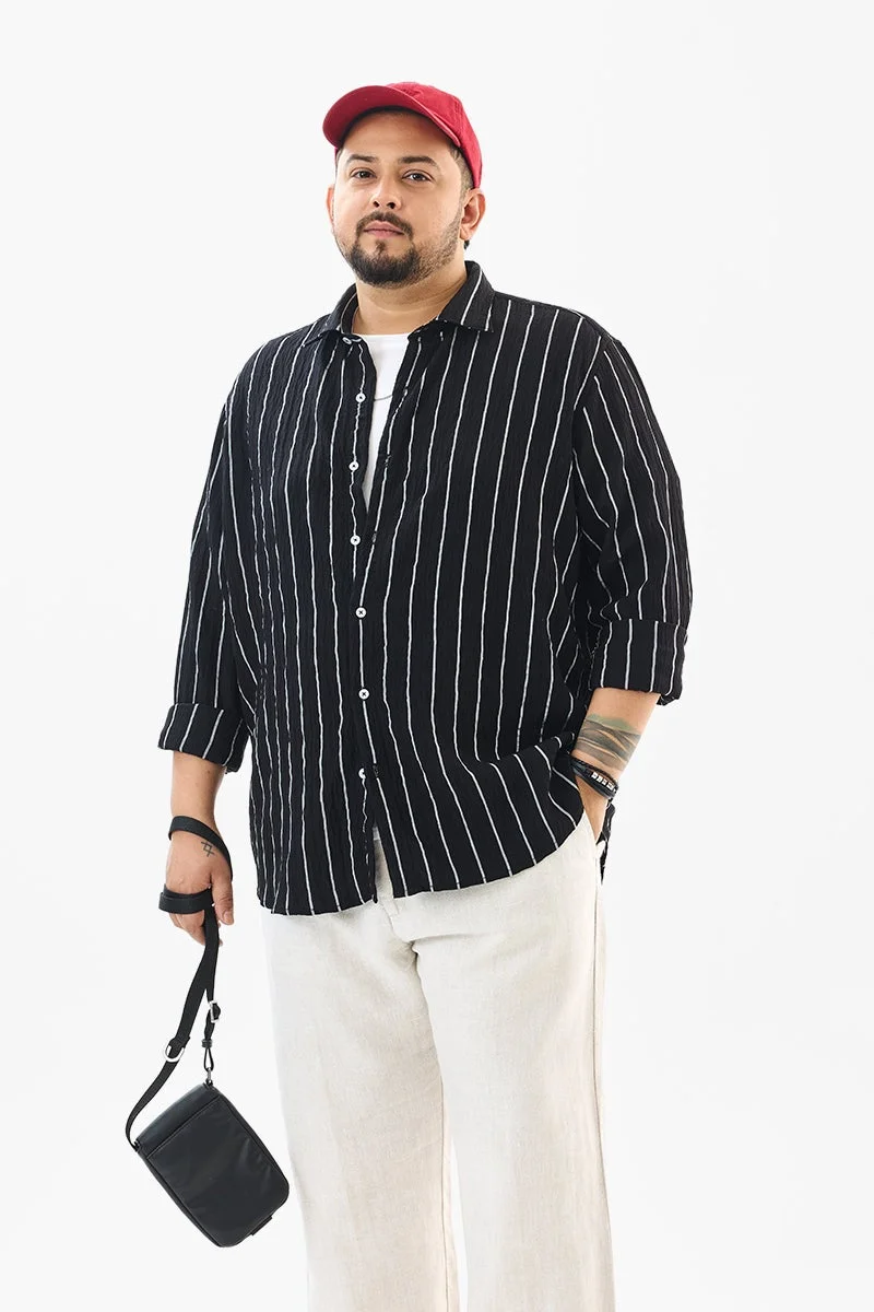 SNITCH Regular Fit Stripes Black Plus Size Shirt
