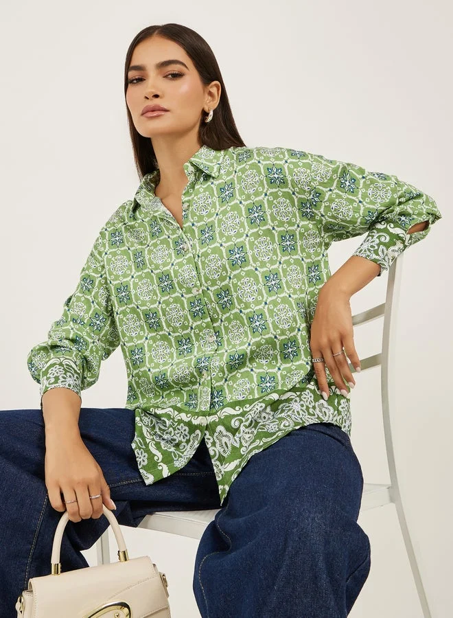 Styli All-Over Print Spread Collar Oversized Shirt