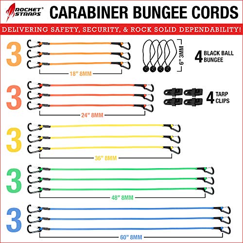 ROCKET STRAPS Bungee Cords | Premium Heavy Duty Outdoor Carabiner Bungee Cords with Hooks | Bungee Cord Assortment Includes | Tie Downs | Ball Bungees | (4) Tarp Clips | Bungie Cord Straps - Image 2